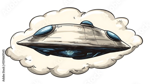 Hand Drawn UFO Sketch in Clouds Sci-fi Illustration
