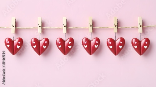 Romantic Red Hearts Hanging on Clothesline Valentine's Day