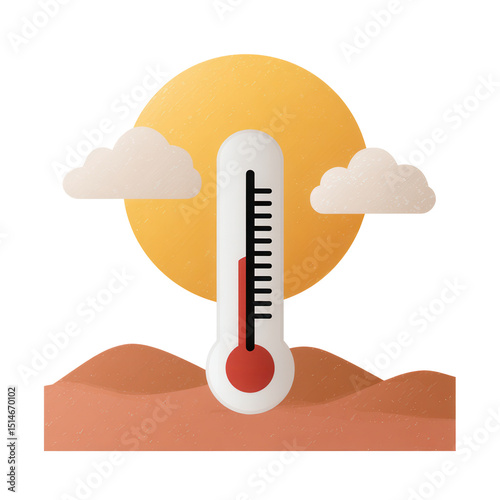 A thermometer displaying high temperature with the sun and clouds above arid land.