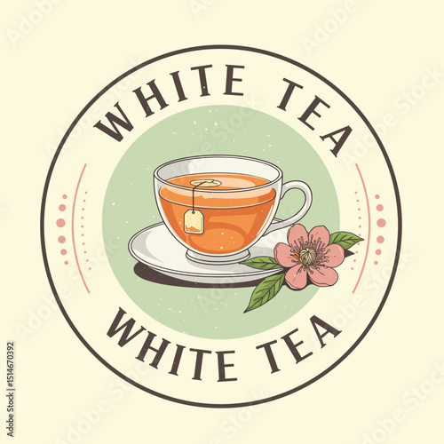 White Chinese tea with floral illustration in vintage style