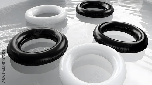 Stylish Black and White Inflatable Rings in Pool