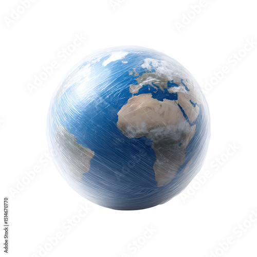 The Earth wrapped tightly in plastic film, symbolizing environmental protection or pollution.
