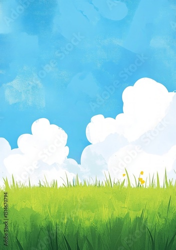 Bright Sunny Day Landscape: Blue Sky White Clouds Green Grass Field