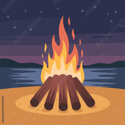 Glowing Bonfire by the Lakeside at Twilight with Gentle Waves – Midsummer Celebration Scene with Festive Ambiance