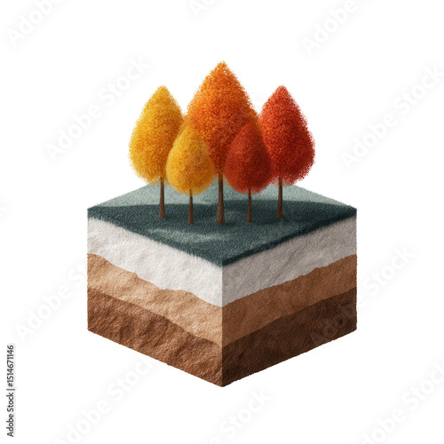 Five colorful autumn trees stand on a cross-section of layered earth and grass.