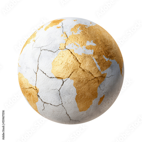 A globe with cracked continents in gold and white, symbolizing fragility and value.