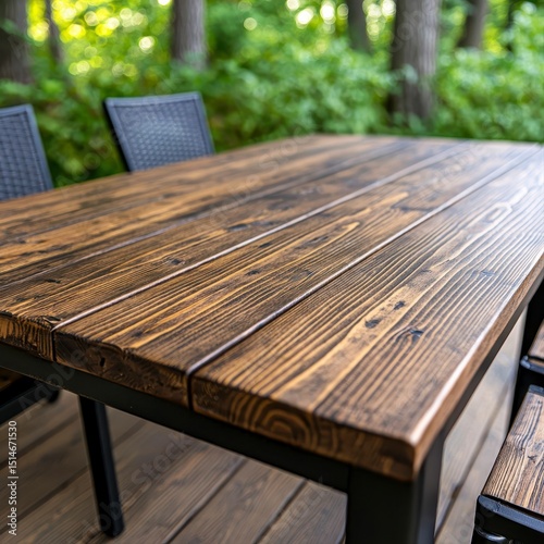 A close-up reveals the rich, dark brown stain and detailed wood grain of a handcrafted farmhouse table perfect for outdoor dining on a deck.