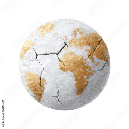 A cracked, textured globe with golden continents displaying prominent fissures across its surface.