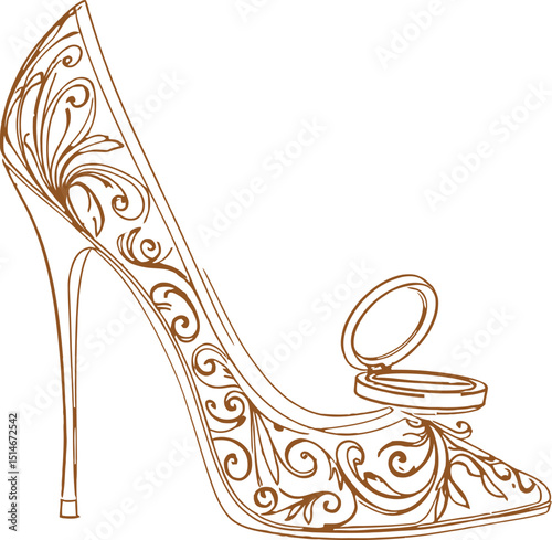 Elegant High-Heeled Shoe with Floral Patterns and Jewelry Box – Representation of Fashion, Style, and Luxury Vector Illustration