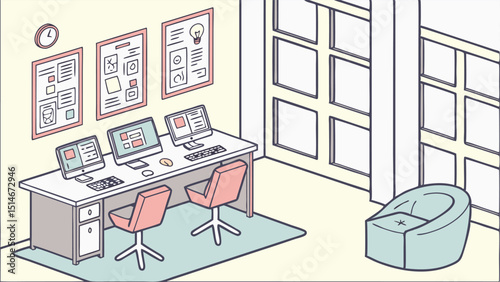 Coworking Space with High-Tech Equipment Vector – Modern Office Technology Environment