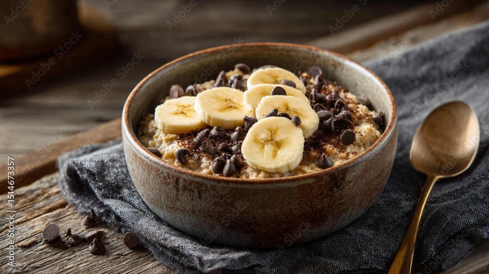 Baked oatmeal bowl with banana slices, chocolate chips, rustic spoon beside, farmhouse mood Baked oatmeal bowl with banana slices, chocolate chips, rustic spoon beside, farmhouse mood