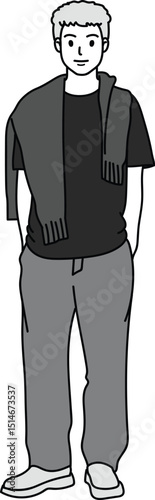 illustration, Adult male in casual look, drawing in monotone cartoon, minimal style, black mark drawing