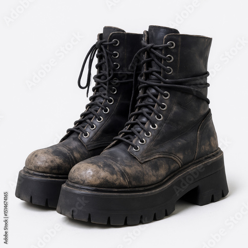 Pair of old, worn, dirty black leather combat boots with thick platform soles and laces. Grunge, punk, alternative fashion style. Isolated on white background.