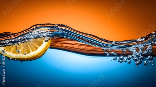 Vibrant Lemon Slice in Blue Water Wave Abstract Photography