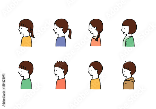いろんな子供 男女の手描きイラストセット（上半身・横向き）
