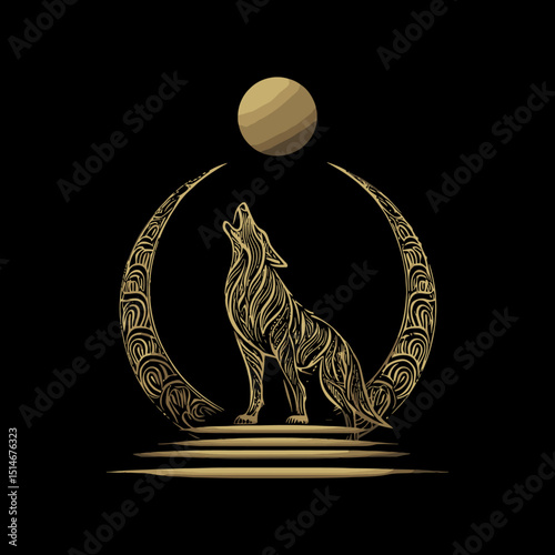 Elegant Vector Art of a Howling Wolf Silhouette Against a Moonlit Background