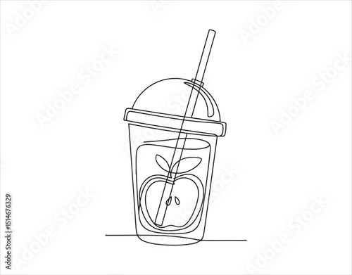 one continuous line drawing of a glass filled with apple juice, featuring a lid and straw