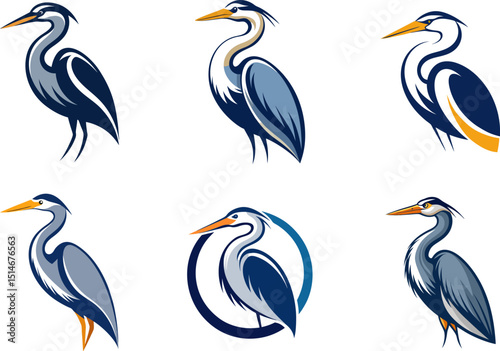 Collection of six stylized heron bird logos in various poses and color schemes, perfect for branding or design projects.