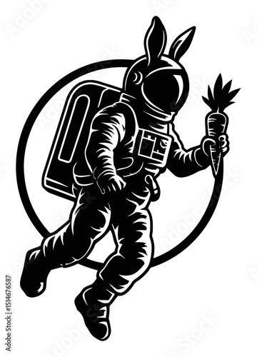 Astronaut Bunny Holding Carrot in Space Illustration for Fun and Whimsical Design