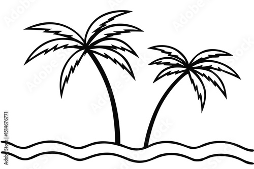 Two palm trees on waves represent a tropical and coastal vibe. Vector illustration.