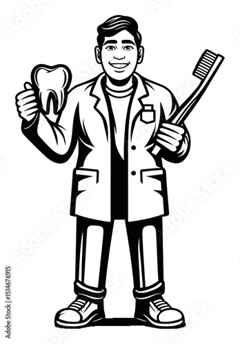 Dental Professional with Tooth and Toothbrush in Engraved Style Illustration