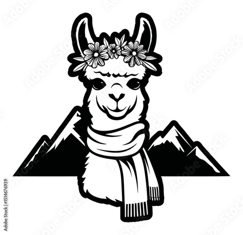 Charming Llama Illustration with Flowers and Mountains in Black and White Style