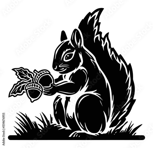 Detailed Black and White Engraving of a Squirrel Holding Acorns and Leaves