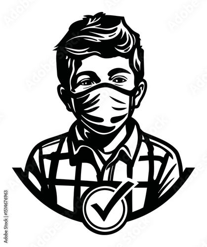 Detailed Black and White Illustration of a Boy Wearing a Face Mask with Checkmark Symbol