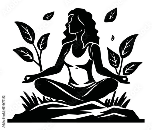 Peaceful Woman Meditating Surrounded by Leaves and Nature Elements