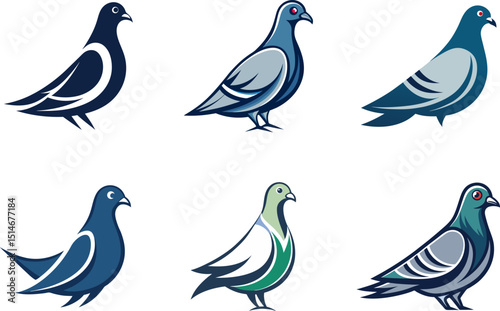 Six vector illustrations of stylized pigeons in various colors and designs, perfect for logos, branding, and design projects.