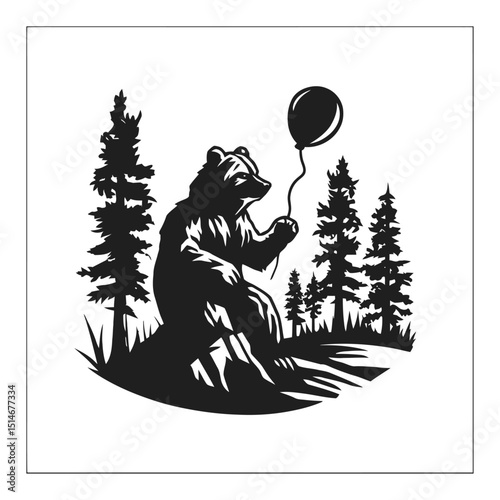 Bear Holding Balloon in Forest Landscape Engraving Style Illustration