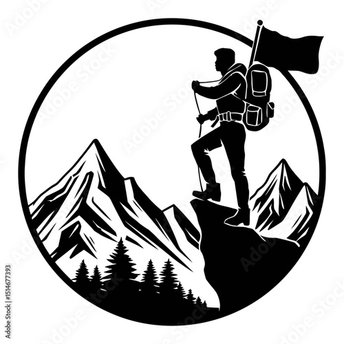 Adventurer Standing on Cliff with Mountains and Flag in Black and White Illustration
