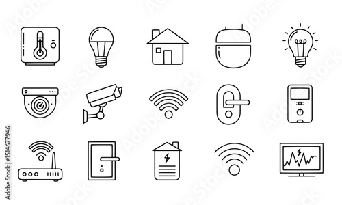 Smart Home Automation and Security Outline Icons Set. various smart home devices and concepts, including climate control, lighting, security, and connectivity.