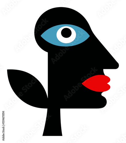 Abstract Profile of a Human Face with Eye and Leaf Design in Black and White