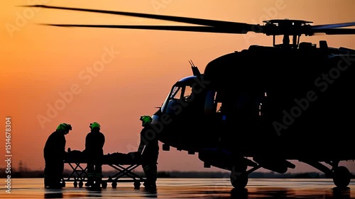 A silhouette of a rescue helicopter and emergency medical team loading a patient on a stretcher against a dramatic sunset. Ideal for themes of urgent care, crisis response, and life-saving operations.