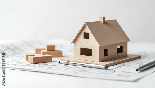 Wooden house prototype with bricks and plans photo