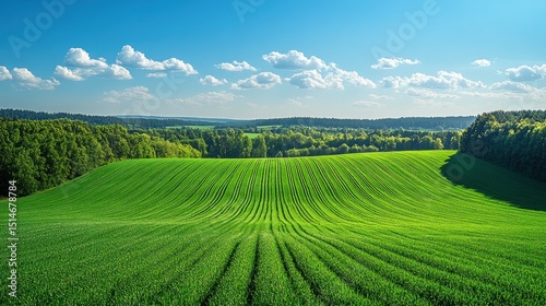 Lush green field stretches to the horizon