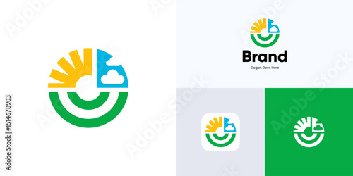 Creative abstract circle sun blue sky cloud with half green nature landscape, Symbol emblem circle with geometric shapes modern concept style suitable for brand identity and business company