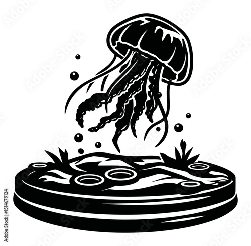 Detailed Black and White Engraving of a Jellyfish Floating Above Water Surface