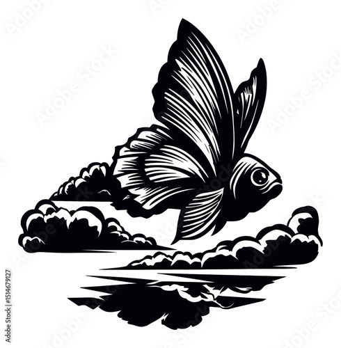 Elegant Flying Fish with Wings Over Clouds in Artistic Black and White Design