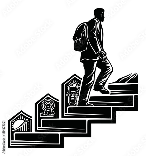 Person Climbing Steps Symbolizing Progress, Growth, and Achievement in Black and White