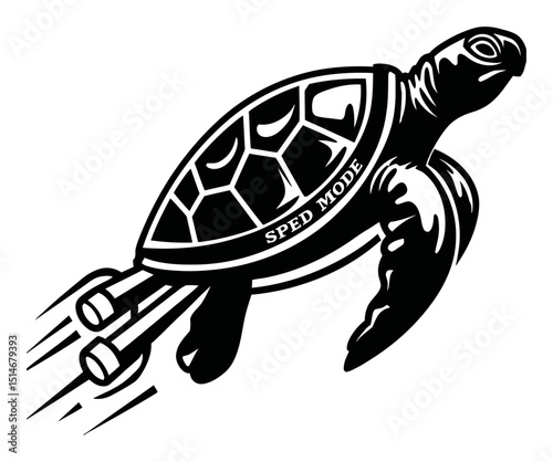Cartoon Turtle in Speed Mode with Rocket Propulsion Illustration for Creative Projects