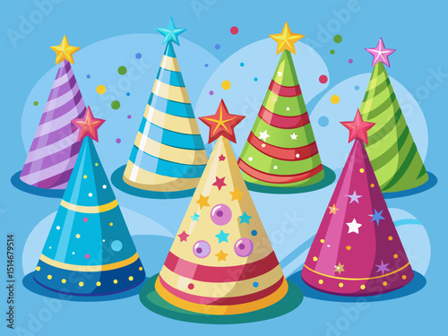 vector of Some models of birthday hats that have small stars on the hats...