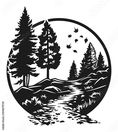 Black and White Engraved Illustration of a Scenic Forest Landscape