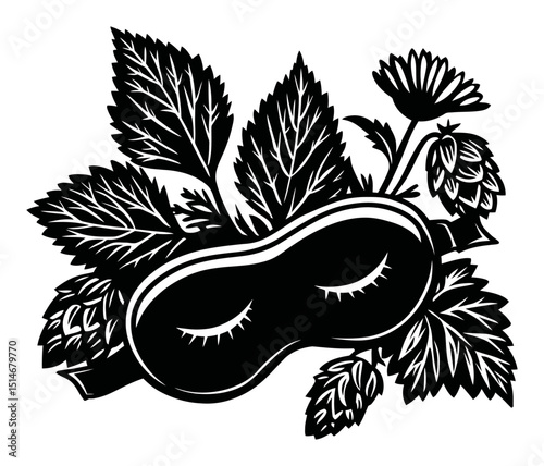 Sleep Mask Surrounded by Nature Elements in Black Engraving Style Illustration