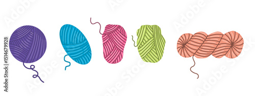 Set of different colored wool yarn balls and skeins. Flat style vector illustration. Hand drawn colorful yarn balls vector illustration