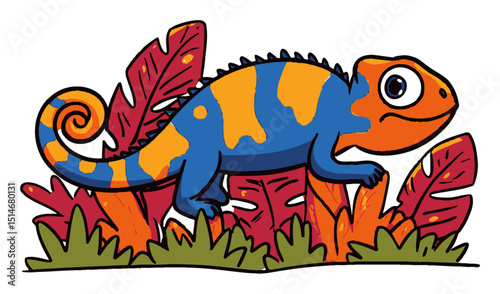 Colorful Cartoon Lizard Illustration Surrounded by Tropical Foliage and Plants