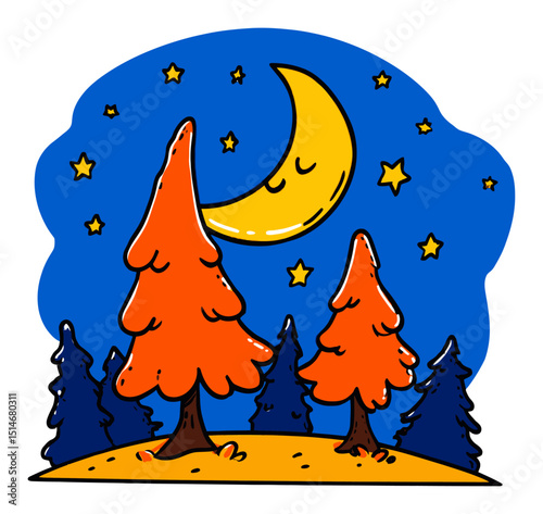 Whimsical Night Landscape with Stars and Abstract Trees in Vibrant Colors