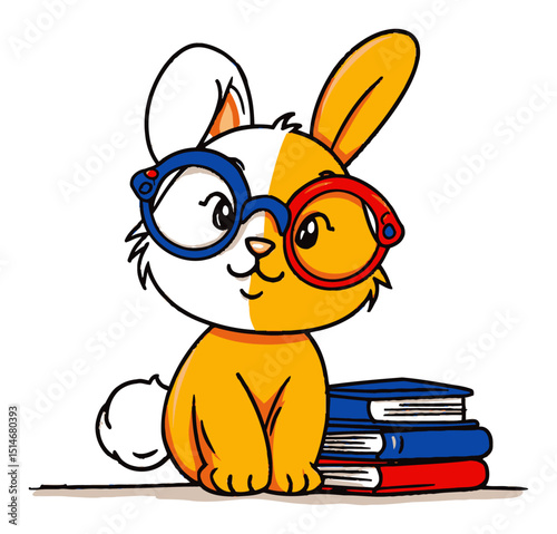 Cute Cartoon Bunny Wearing Glasses with Books for Educational Concept Illustration