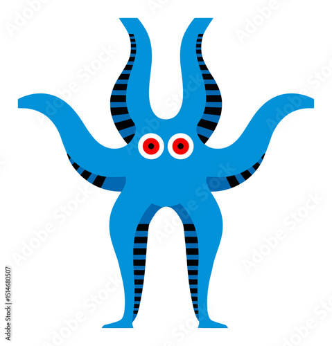 Abstract Blue Creature with Bold Stripes and Red Eyes in a Playful Design Style